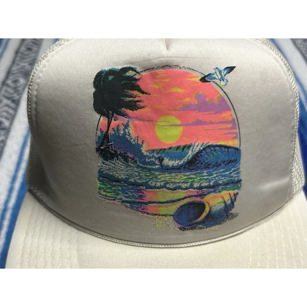 Vintage 80s 90s JR Headwear Neon Surf Sunset Mesh Trucker Hat Snapback OSFA